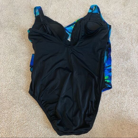 Longitude blue green side tie ruffle neckline one piece swimsuit Sz 16 - Picture 2 of 6